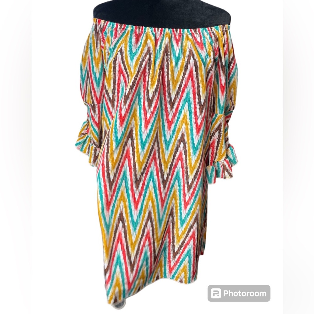 Cezanne Off the Shoulder Tribal Multi Color Zigzag Print Ruffle Cuff Blouse